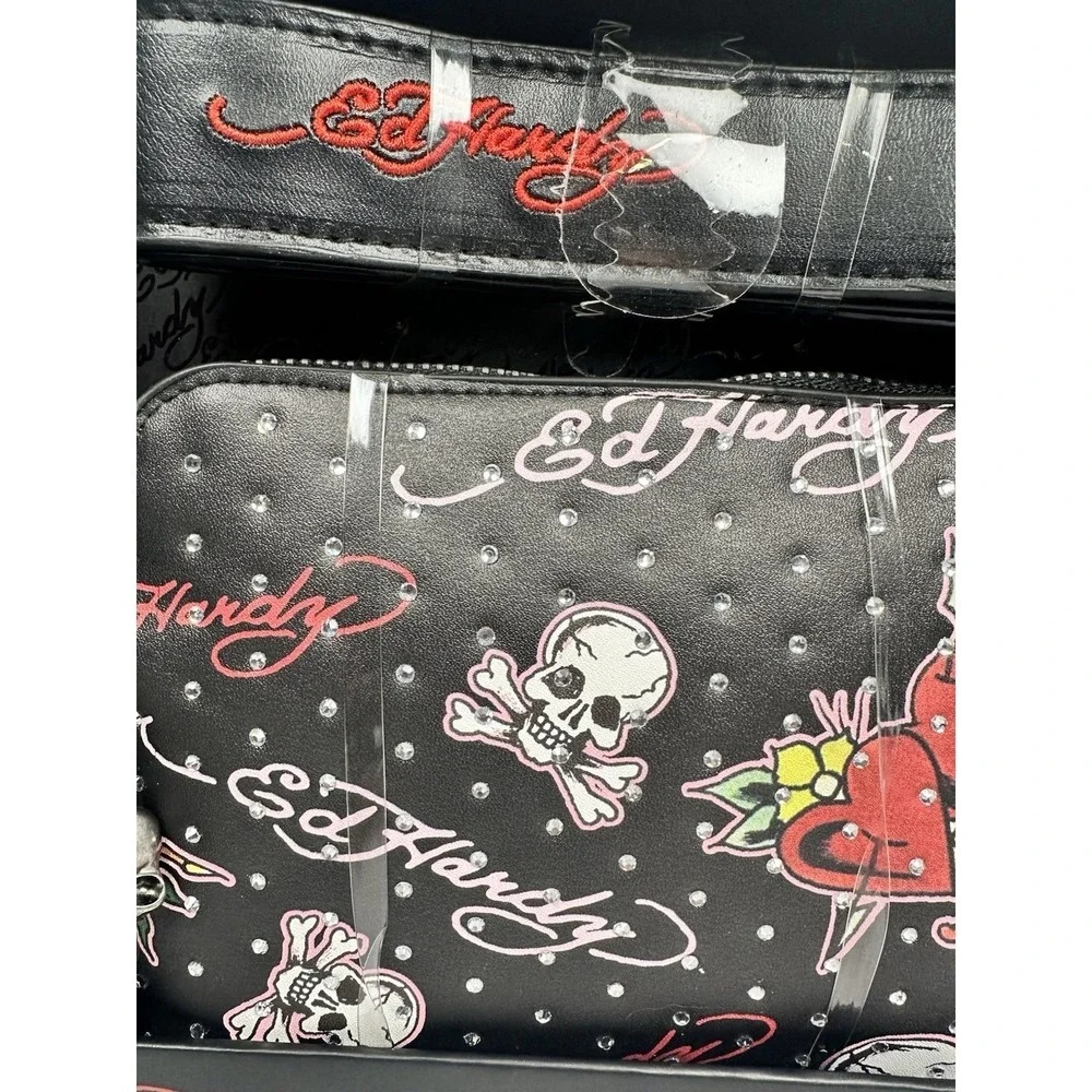 Ed Hardy Black Skull Heart Beltbag with Charms Studded Tattoo Print Boxed